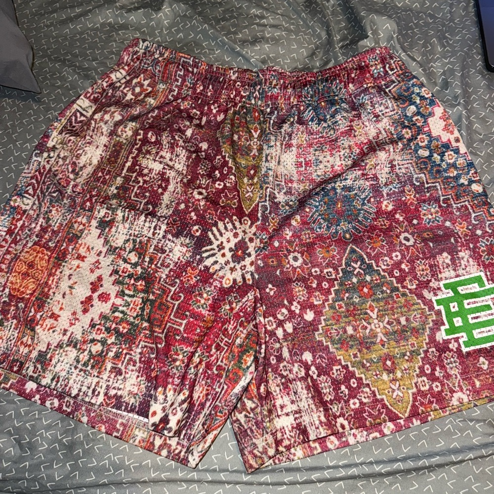 Eric Emanuel Red and Green Athletic Shorts with Bandana Print